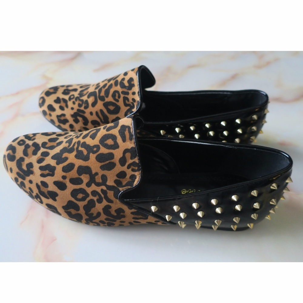 Leopard Spiked Loafs Faux Suede and Leather Flats